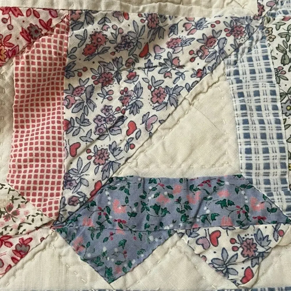 Antique Flour Sack Blue Red Patchwork Handmade Quilt 79